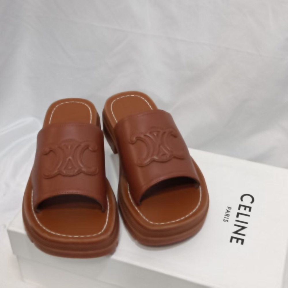 Celine Tan Leather Slide Sandals